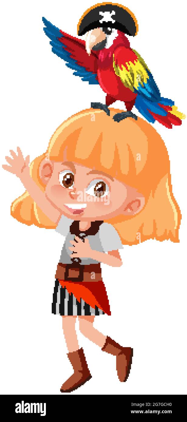 Personnage de dessin animé pirate d'une fille et perroquet isolé sur fond blanc illustration Illustration de Vecteur