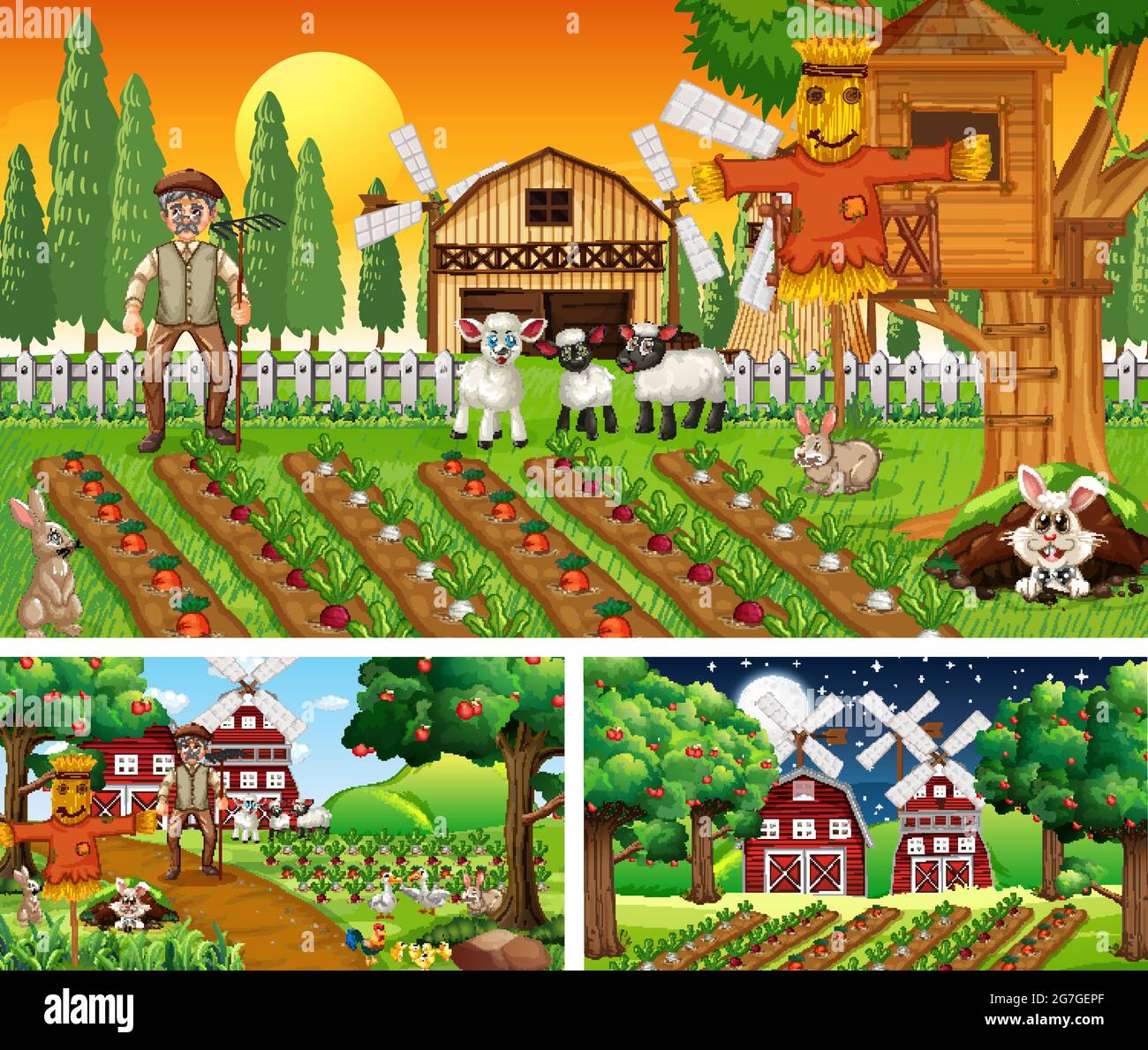 scène de ferme avec personnage de dessin animé fermier et animaux de la ferme 2882323 Art vectoriel chez Vecteezy