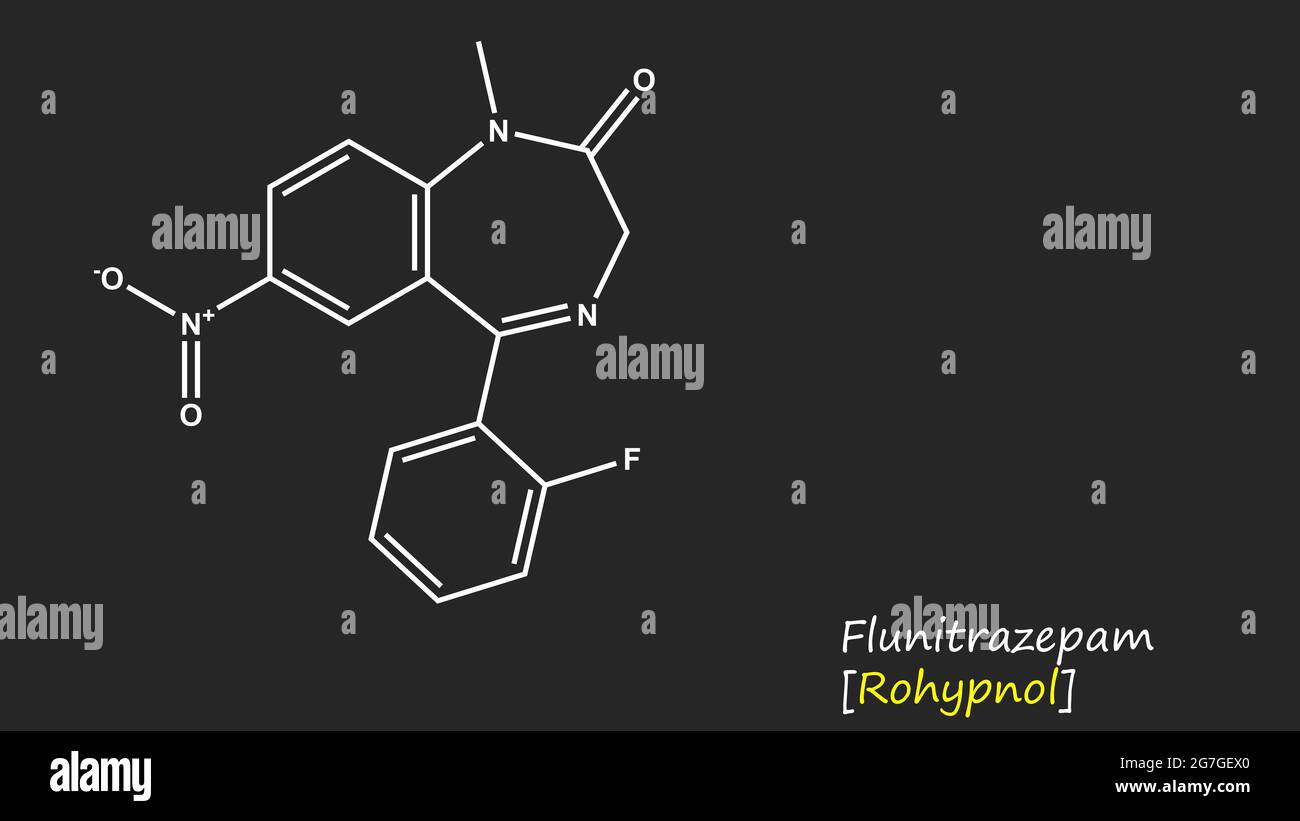 Le flunitrazépam, également connu sous le nom de Rohypnol, est un benzodiazépine utilisé pour traiter l'insomnie sévère et aider avec l'anesthésie Banque D'Images