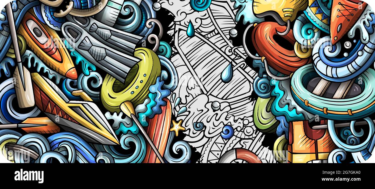 Banderole pour les sports nautiques à la main. Brochure détaillée du vecteur de dessin animé. Illustration avec objets et symboles de sport d'été. Fond horizontal coloré Illustration de Vecteur