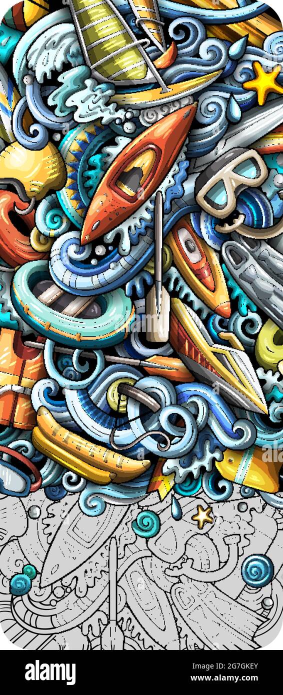 Banderole pour les sports nautiques à la main. Brochure détaillée du vecteur de dessin animé. Illustration avec objets et symboles de sport d'été. Arrière-plan vertical coloré Illustration de Vecteur