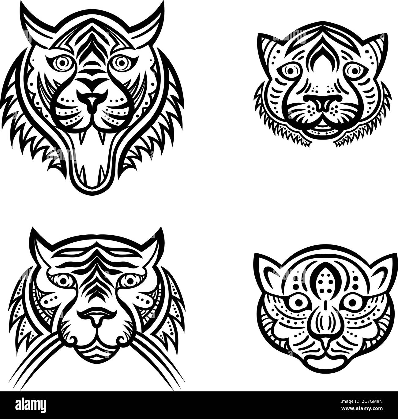 Les chats sauvages et les chatons font face à des portraits de style ethnique Illustration de Vecteur