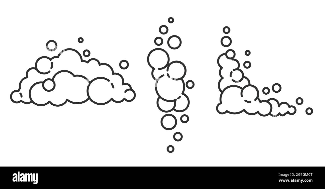 Nuage de mousse de savon avec bulles. Illustration des suds, de la mousse, de la fumée, du shampooing, du gel et du nettoyant. Ensemble d'icônes de lignes à vecteur plat. Illustration de Vecteur