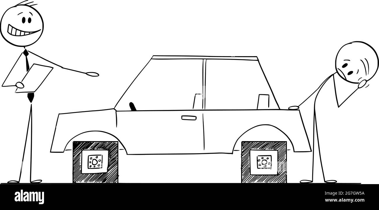 Vendeur de voitures vendant une voiture avec problème au client, Illustration du schéma du bâton de dessin animé Vector Illustration de Vecteur