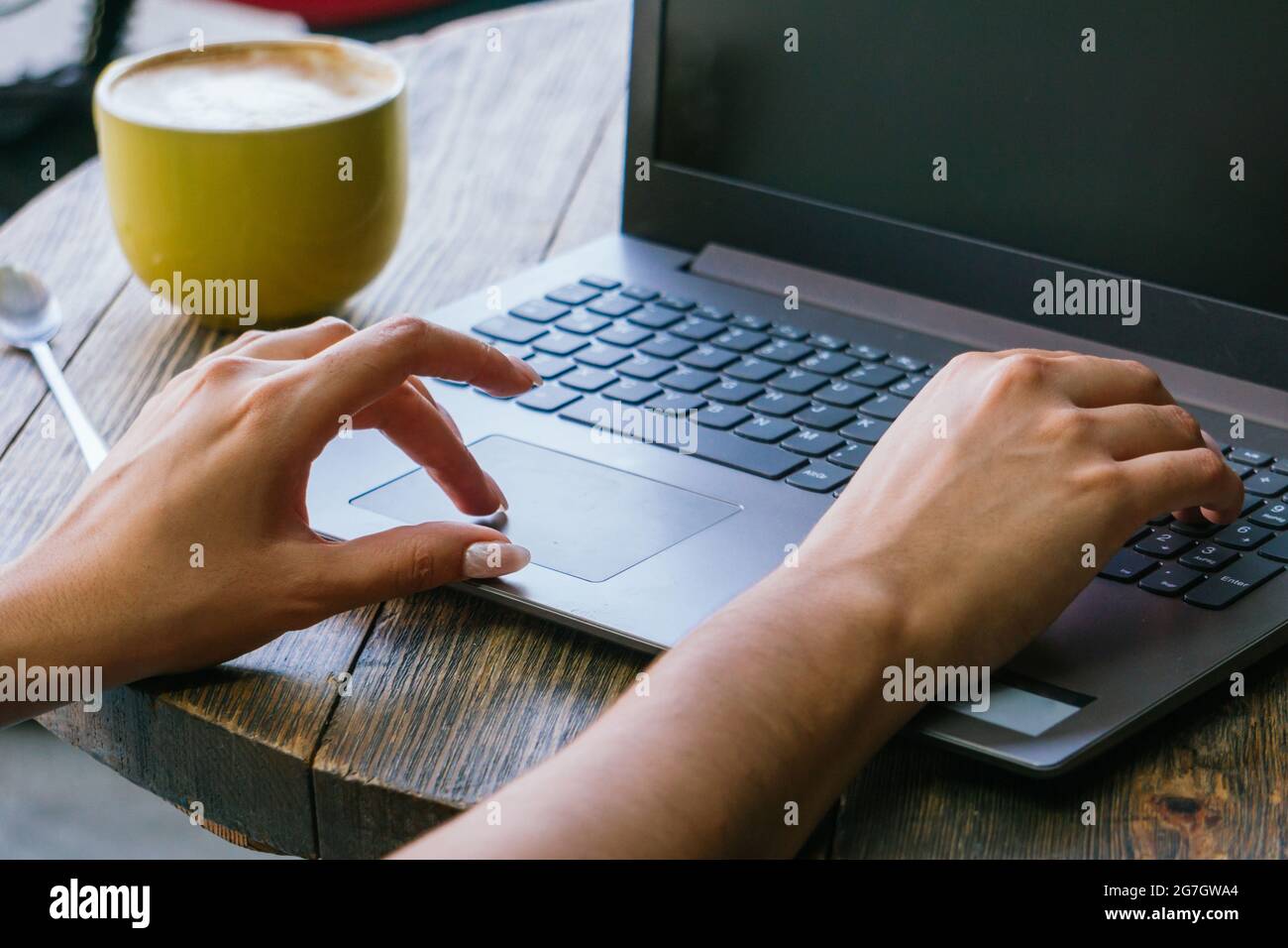 Une femme indépendante non reconnaissable a été coupée en tapant sur le clavier d'un ordinateur portable tout en travaillant sur un projet à distance sur la terrasse d'un café Banque D'Images