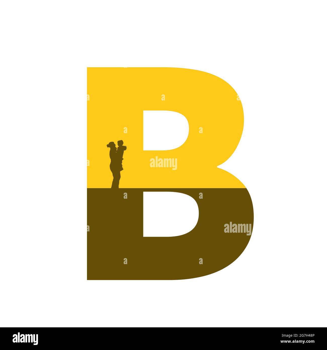 Lettre b de l'alphabet avec une silhouette de mère avec enfant sur le bras, de couleur ocre et marron, isolée sur fond blanc Banque D'Images