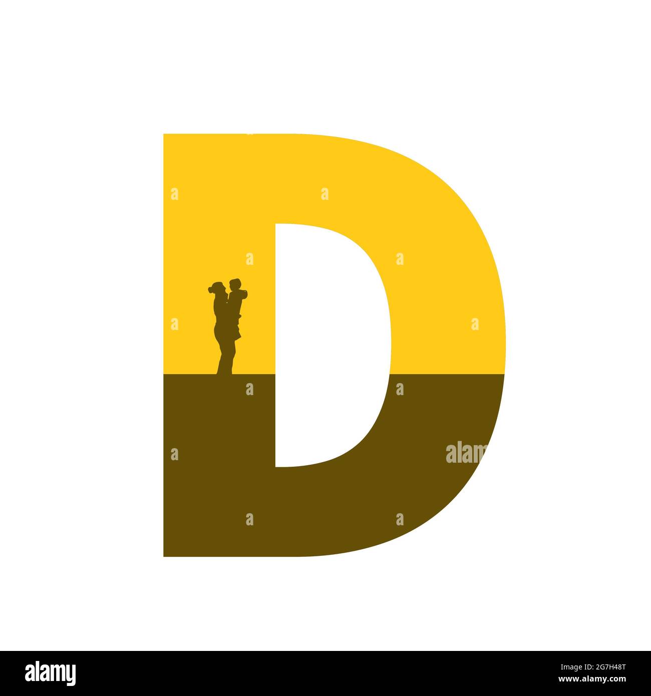 Lettre D de l'alphabet avec une silhouette de mère avec enfant sur le bras, de couleur ocre et marron, isolée sur fond blanc Banque D'Images