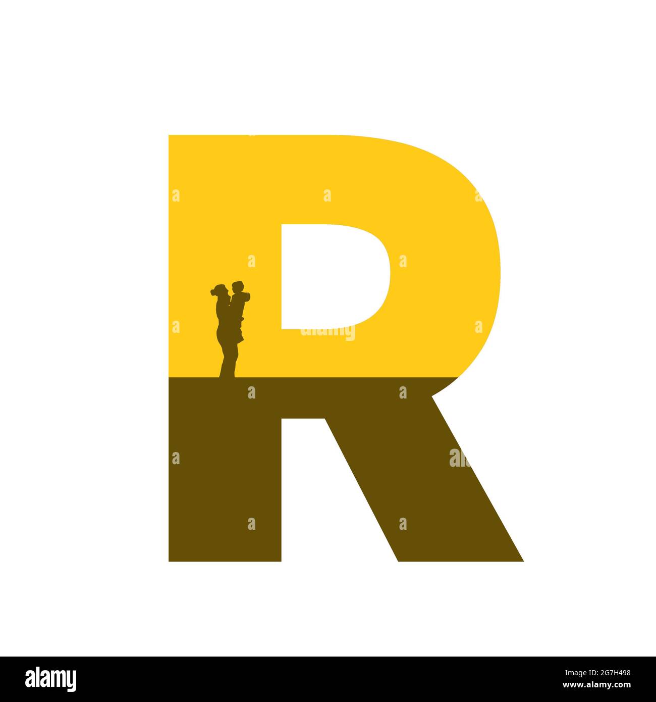 Lettre R de l'alphabet avec une silhouette de mère avec enfant sur le bras, de couleur ocre et marron, isolée sur fond blanc Banque D'Images