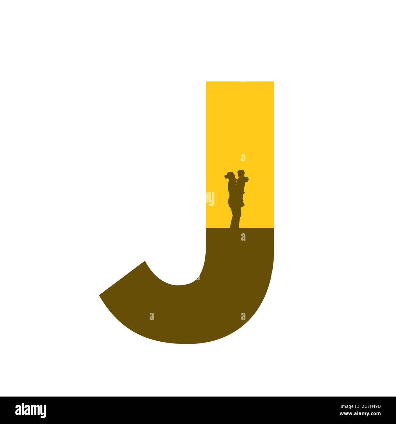 Lettre J de l'alphabet faite avec une silhouette de mère avec enfant sur le bras, en couleur ocre et marron, isolée sur fond blanc Banque D'Images