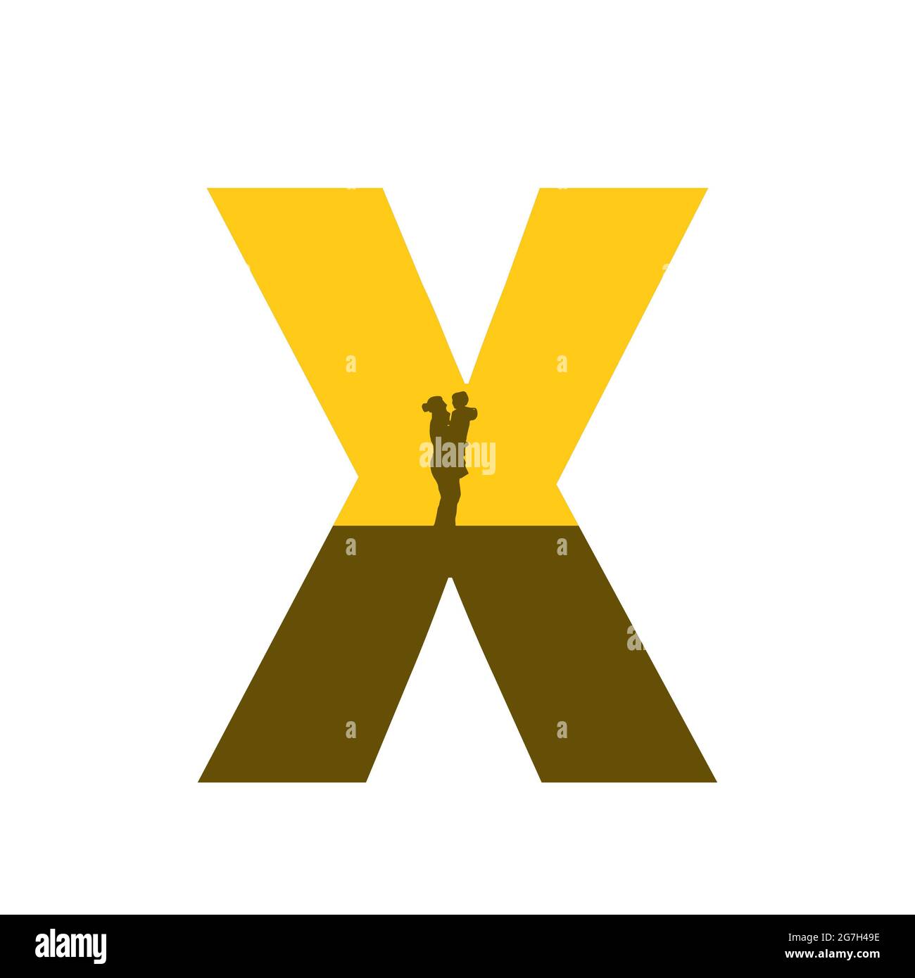 Lettre X de l'alphabet avec une silhouette de mère avec enfant sur le bras, de couleur ocre et marron, isolée sur fond blanc Banque D'Images