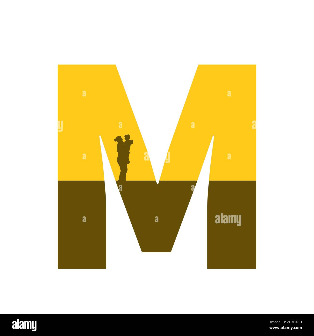 Lettre M de l'alphabet avec une silhouette de mère avec enfant sur le bras, de couleur ocre et marron, isolée sur fond blanc Banque D'Images