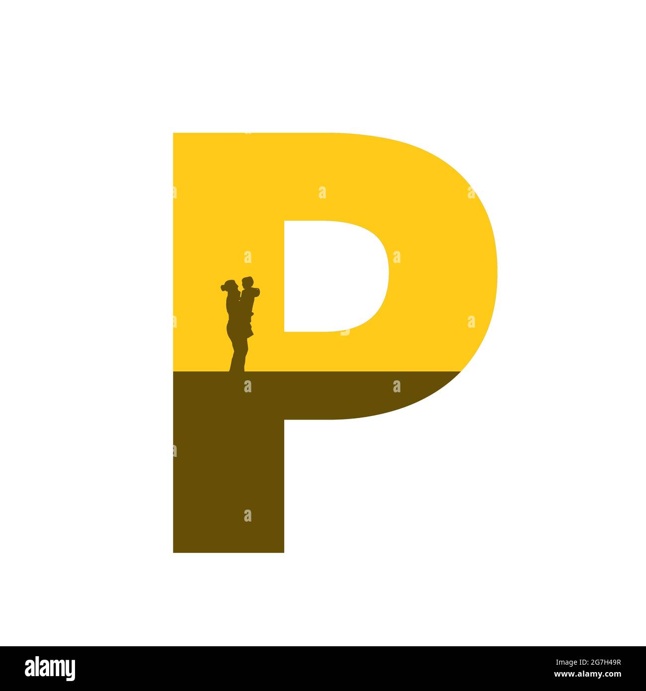 Lettre P de l'alphabet avec une silhouette de mère avec enfant sur le bras, de couleur ocre et marron, isolée sur fond blanc Banque D'Images