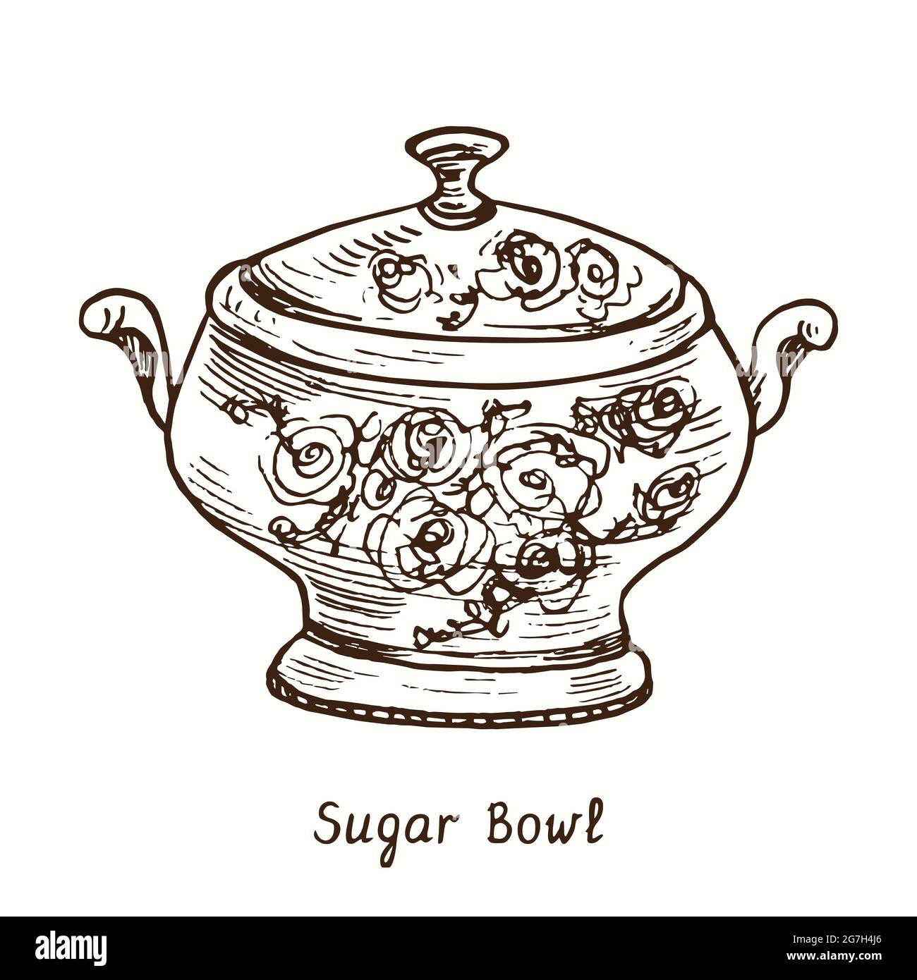 Bol à sucre, décoration florale. Illustration de la mise en plan noir et blanc à l'encre Banque D'Images