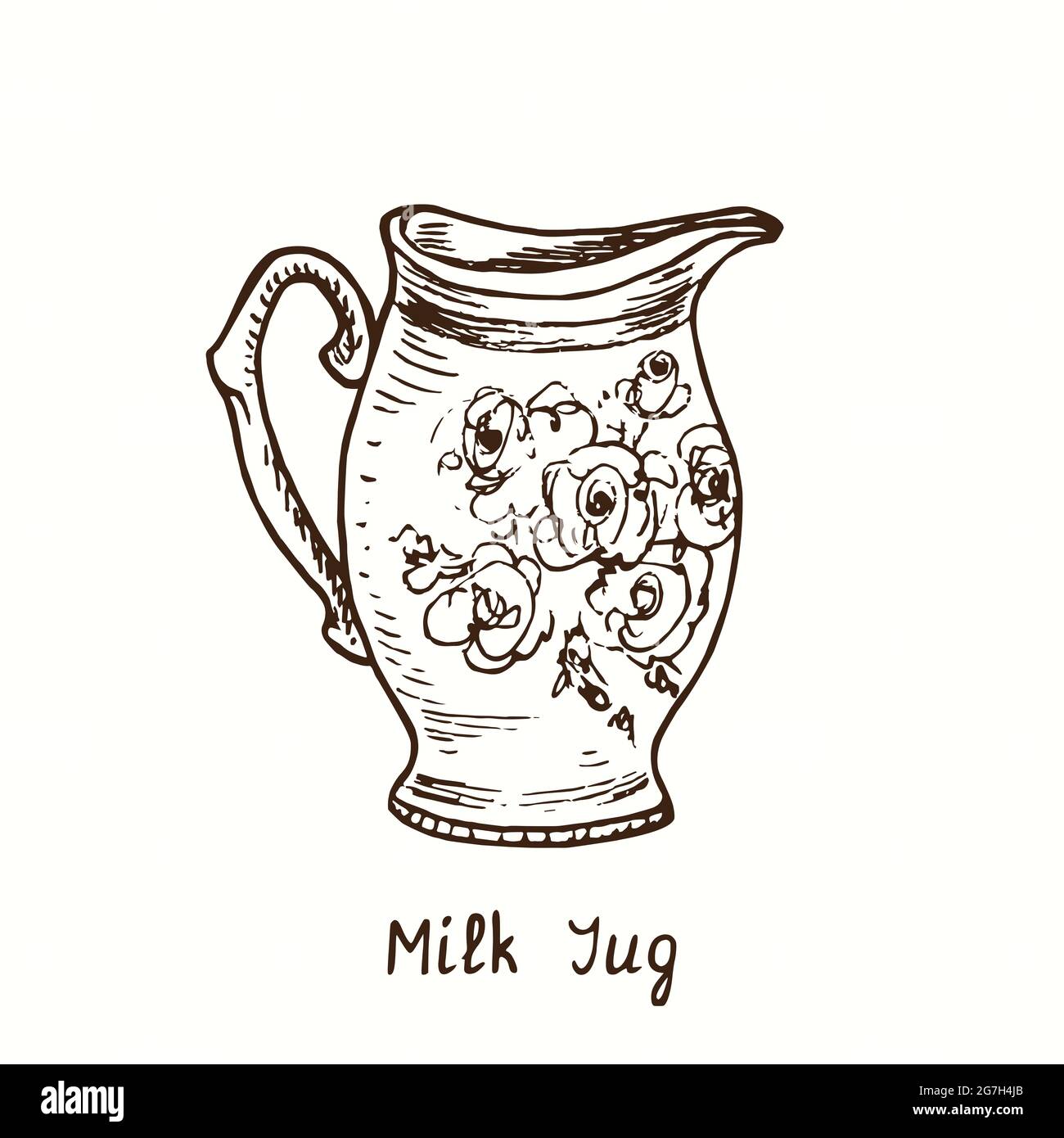 Pot à lait, décoration fleurie. Illustration de la mise en plan noir et blanc à l'encre Banque D'Images
