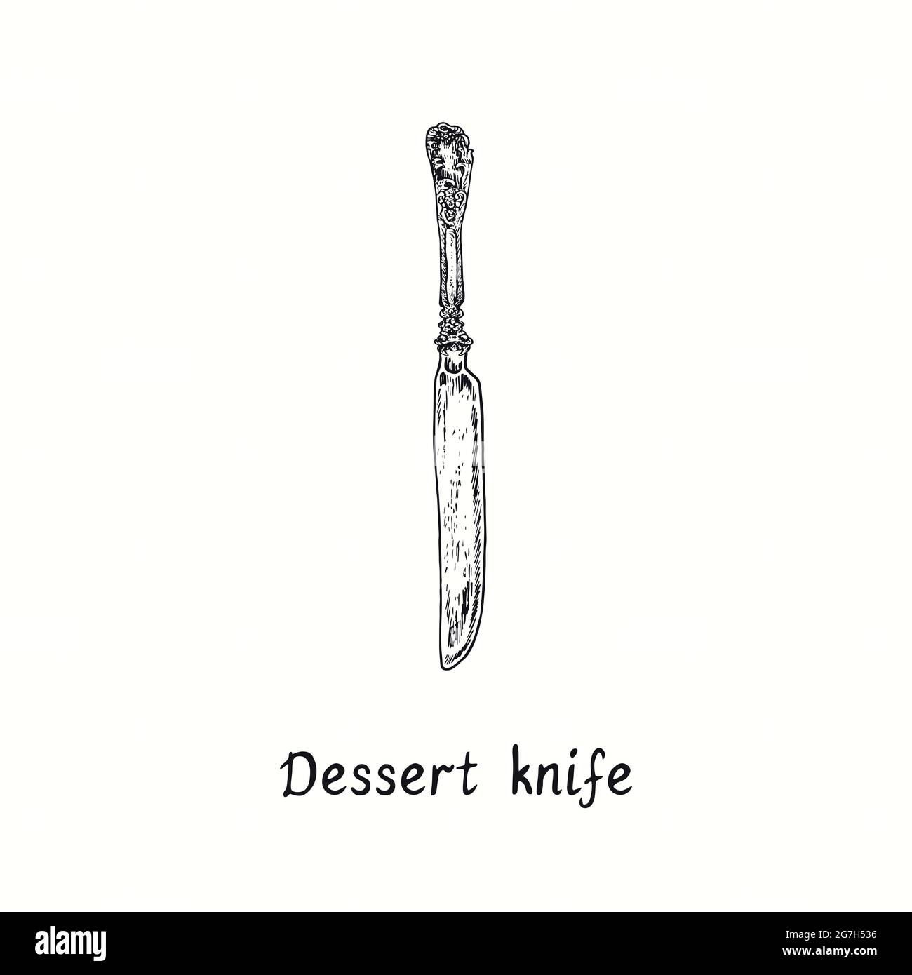 Couteau à dessert au décor de style rétro. Dessin noir et blanc à l'encre coupe de bois style vintage illustration Banque D'Images