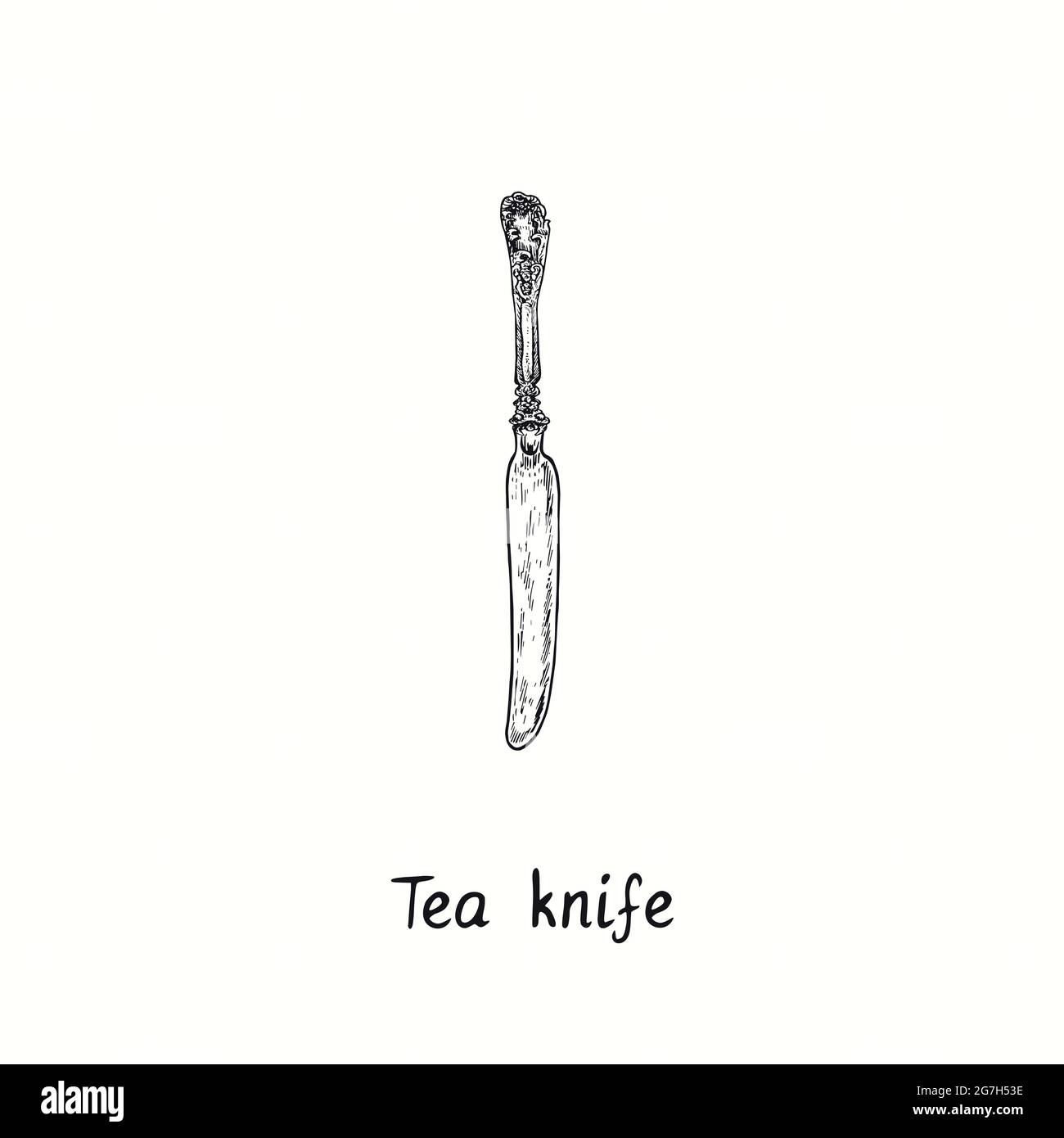 Couteau à thé au décor de style rétro. Dessin noir et blanc à l'encre coupe de bois style vintage illustration Banque D'Images