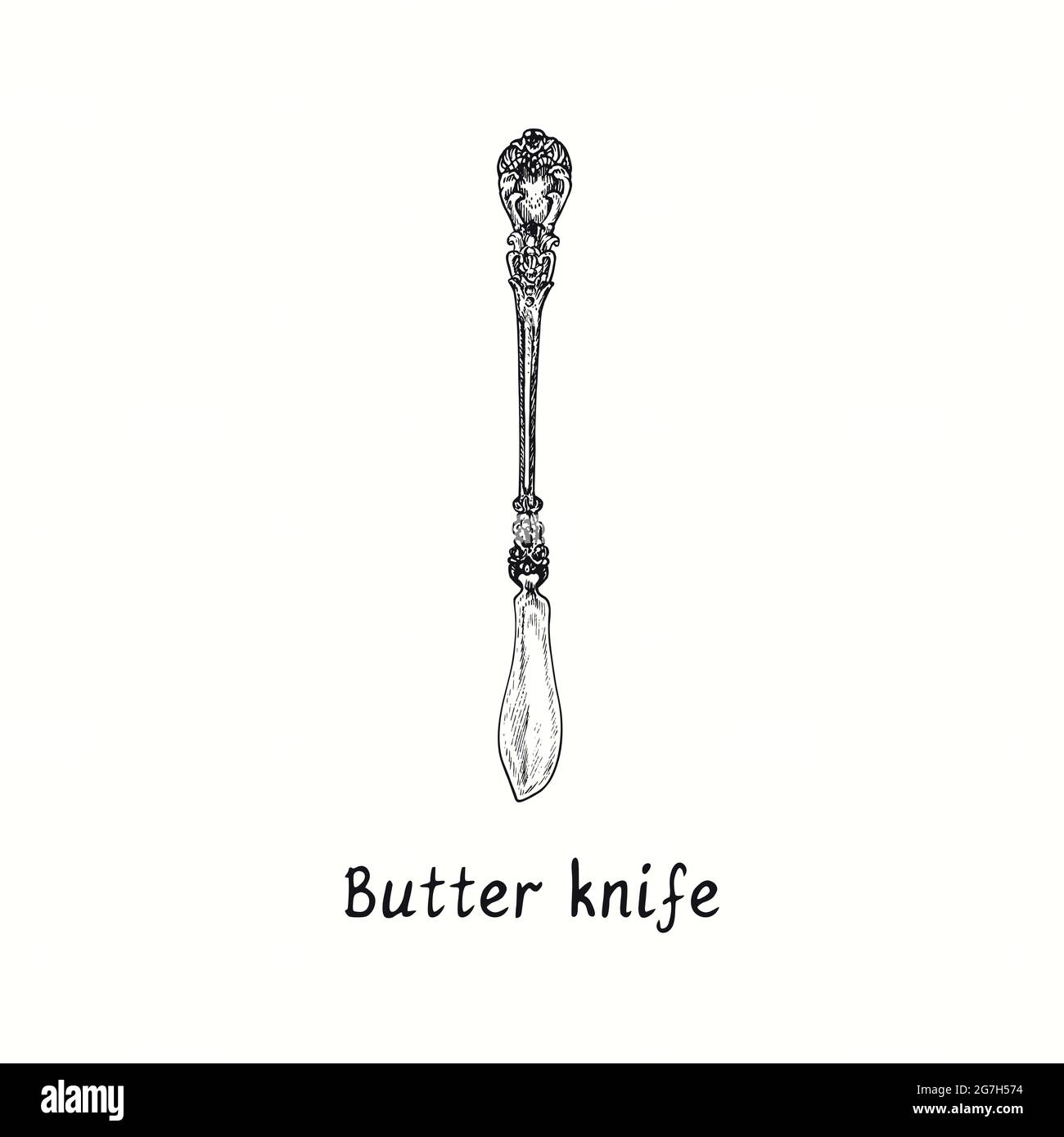 Couteau à beurre, décoration de style rétro. Dessin noir et blanc à l'encre coupe de bois style vintage illustration Banque D'Images