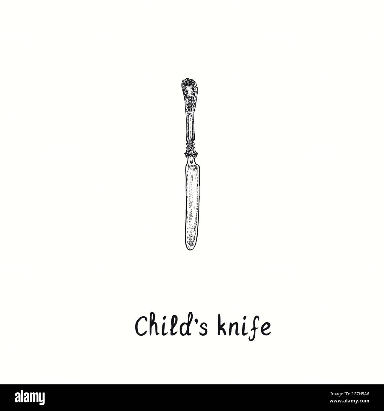 Couteau pour enfants, décoration de style rétro. Dessin noir et blanc à l'encre coupe de bois style vintage illustration Banque D'Images