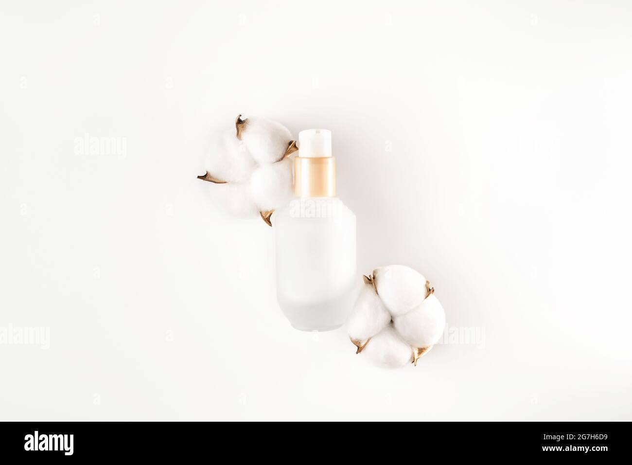 Belle composition de spa de cosmétiques naturels bouteille de maquillage avec fleurs de coton sur fond blanc. Bannière de cosmétiques. Vue de dessus. Pose à plat. COP Banque D'Images