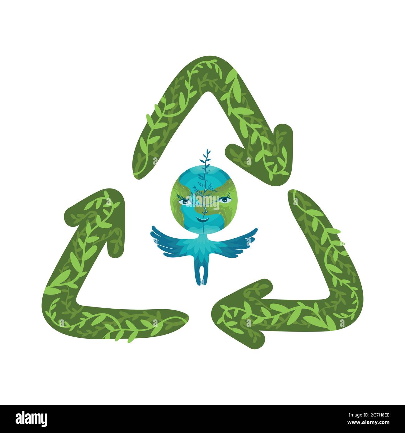 Une planète Terre mignonne et souriante. Illustration du personnage de dessin animé vectoriel avec le symbole de recyclage. Illustration de Vecteur