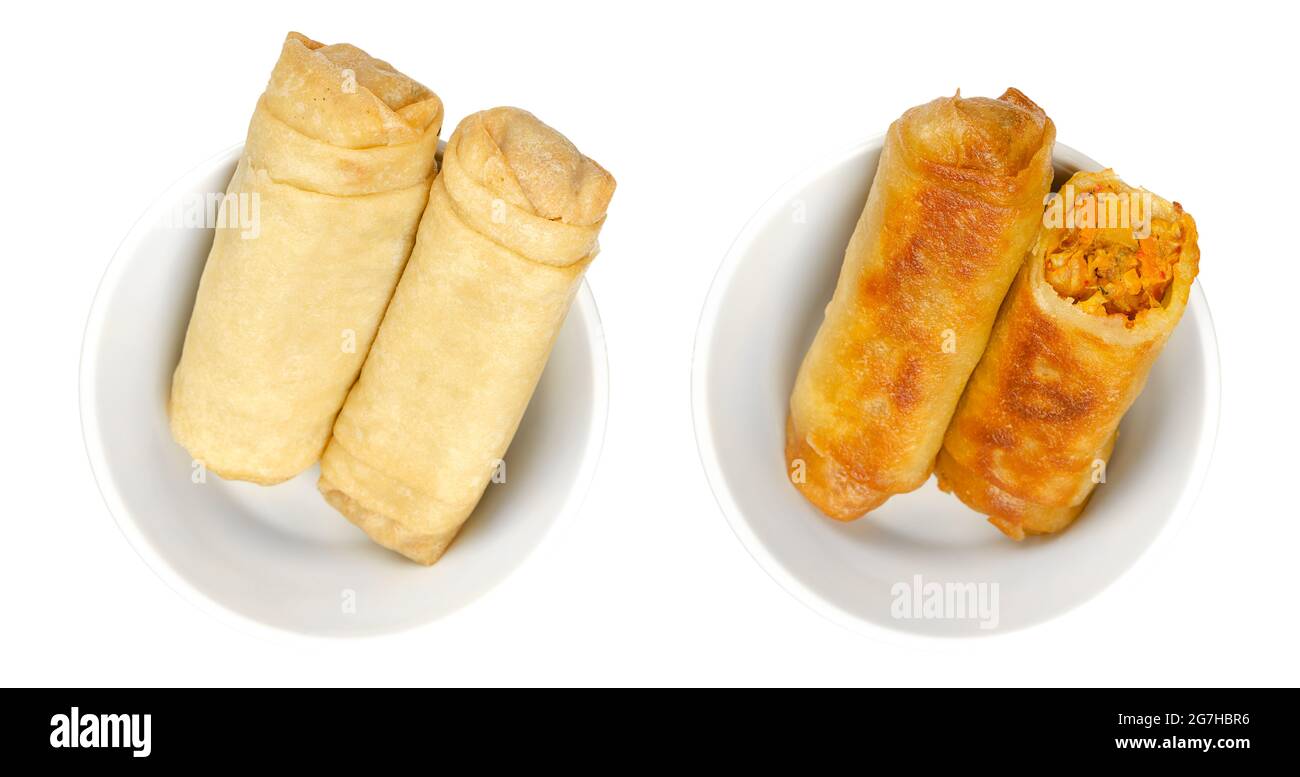 Rouleaux de printemps dans des bols blancs. Non frits et dans une poêle, crolls de printemps frits. Enveloppeurs fourrés et roulés de légumes, hors-d'œuvre de cuisine asiatique. Banque D'Images