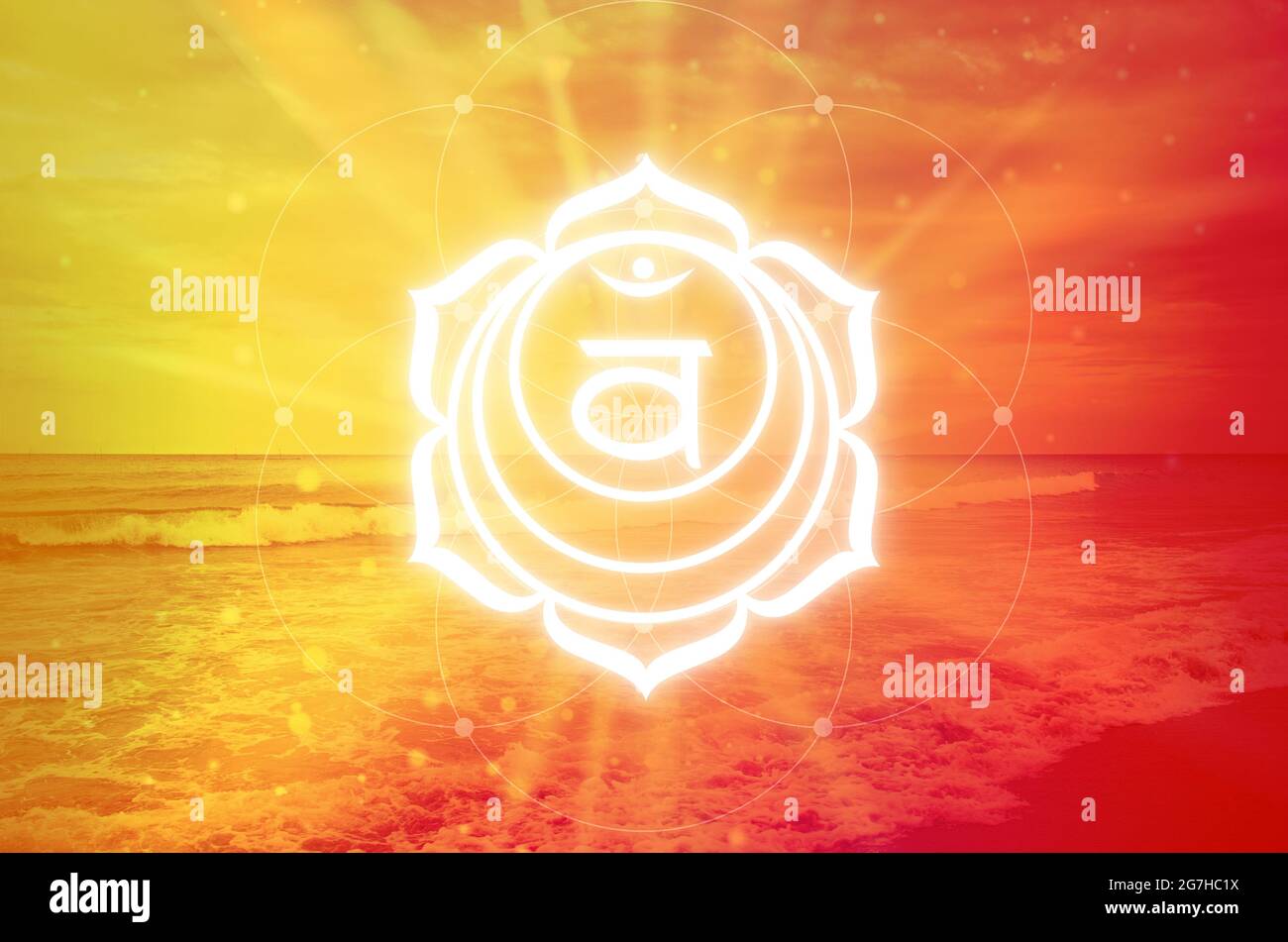 Symbole de Svadisthana Chakra sur fond orange. Le deuxième Chakra, également appelé le Sacral Chakra Banque D'Images