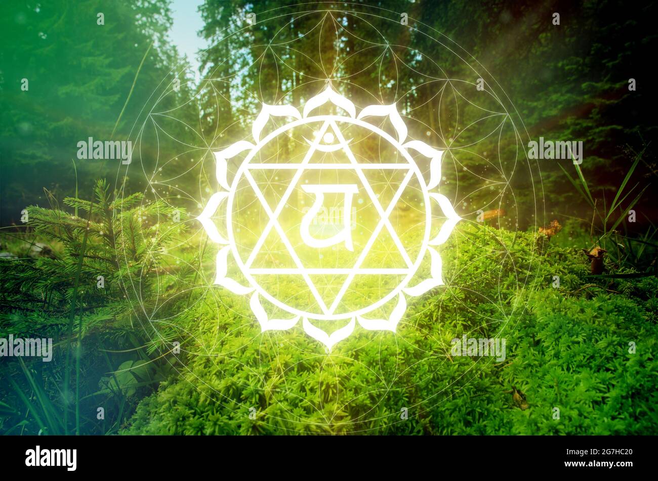 Symbole anahata Chakra sur fond vert naturel. C'est le quatrième Chakra, également appelé le coeur Chakra Banque D'Images