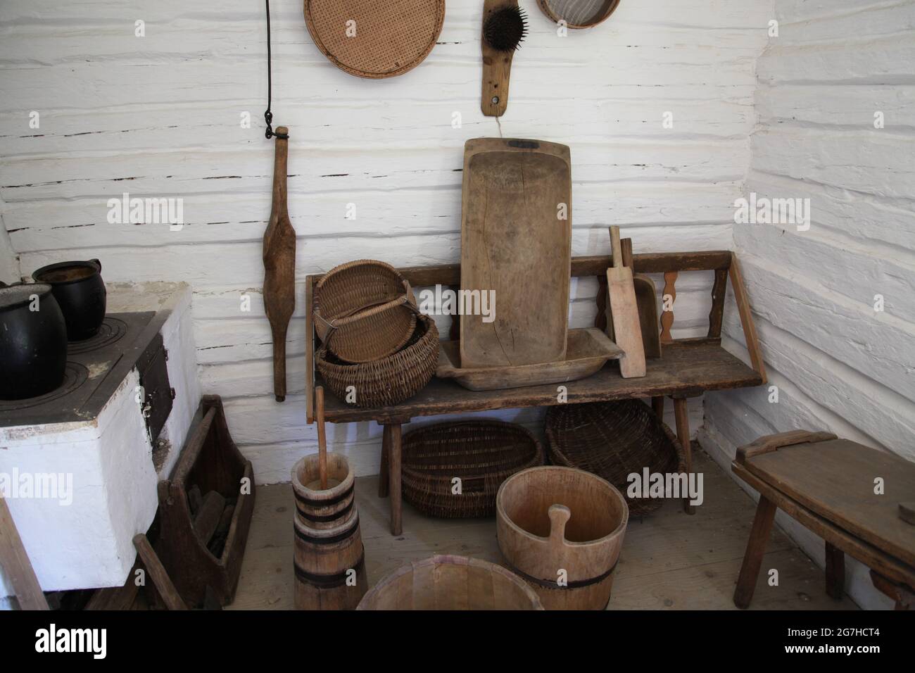 Musée en plein air à Tokarnia, interion d'un chalet de campagne, Tokarnia, architecture rurale, Banque D'Images