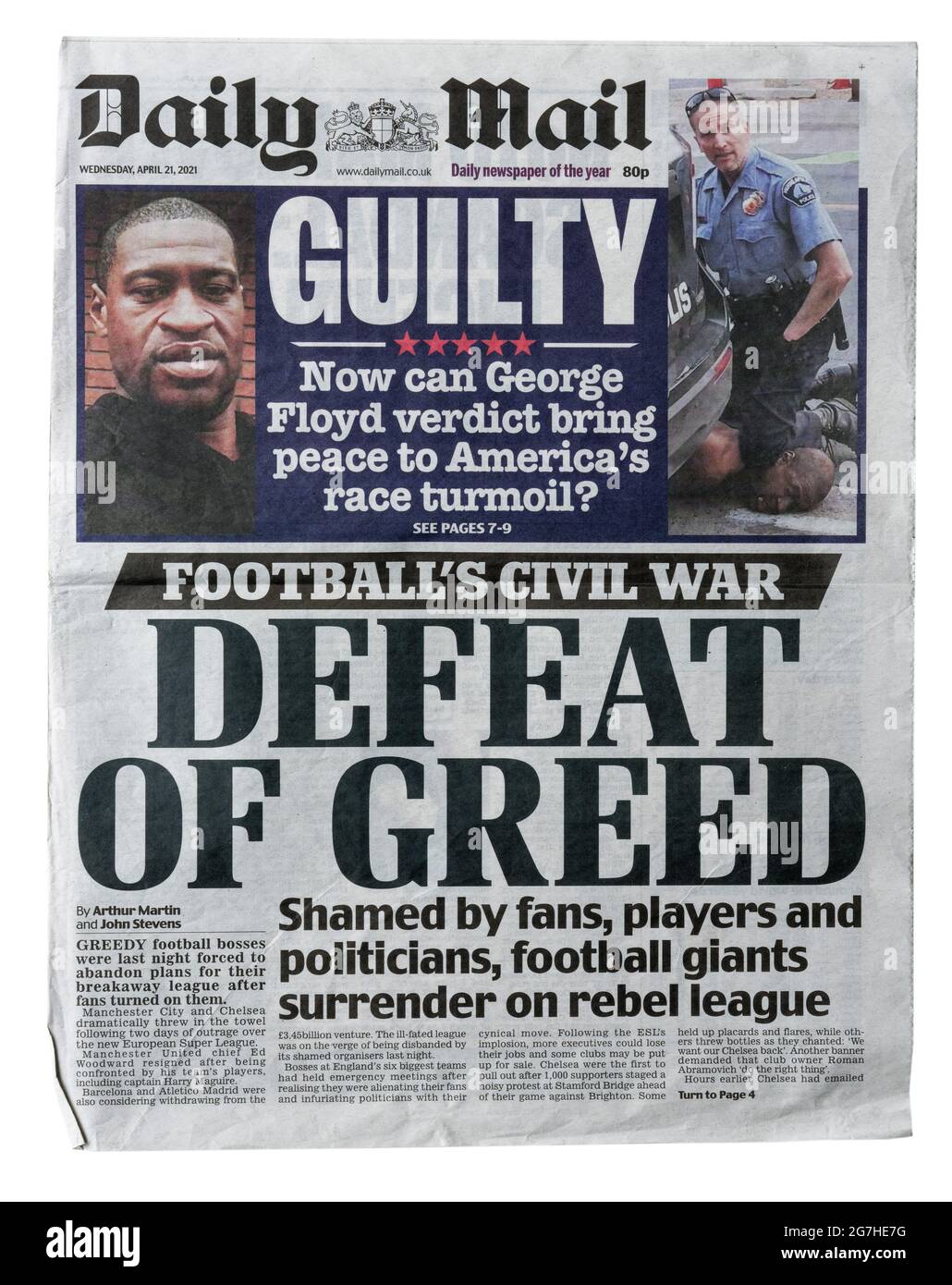 La première page du Daily Mail sur le verdict de culpabilité de Derek Chauvin dans la mort de Georhe Floyd Banque D'Images
