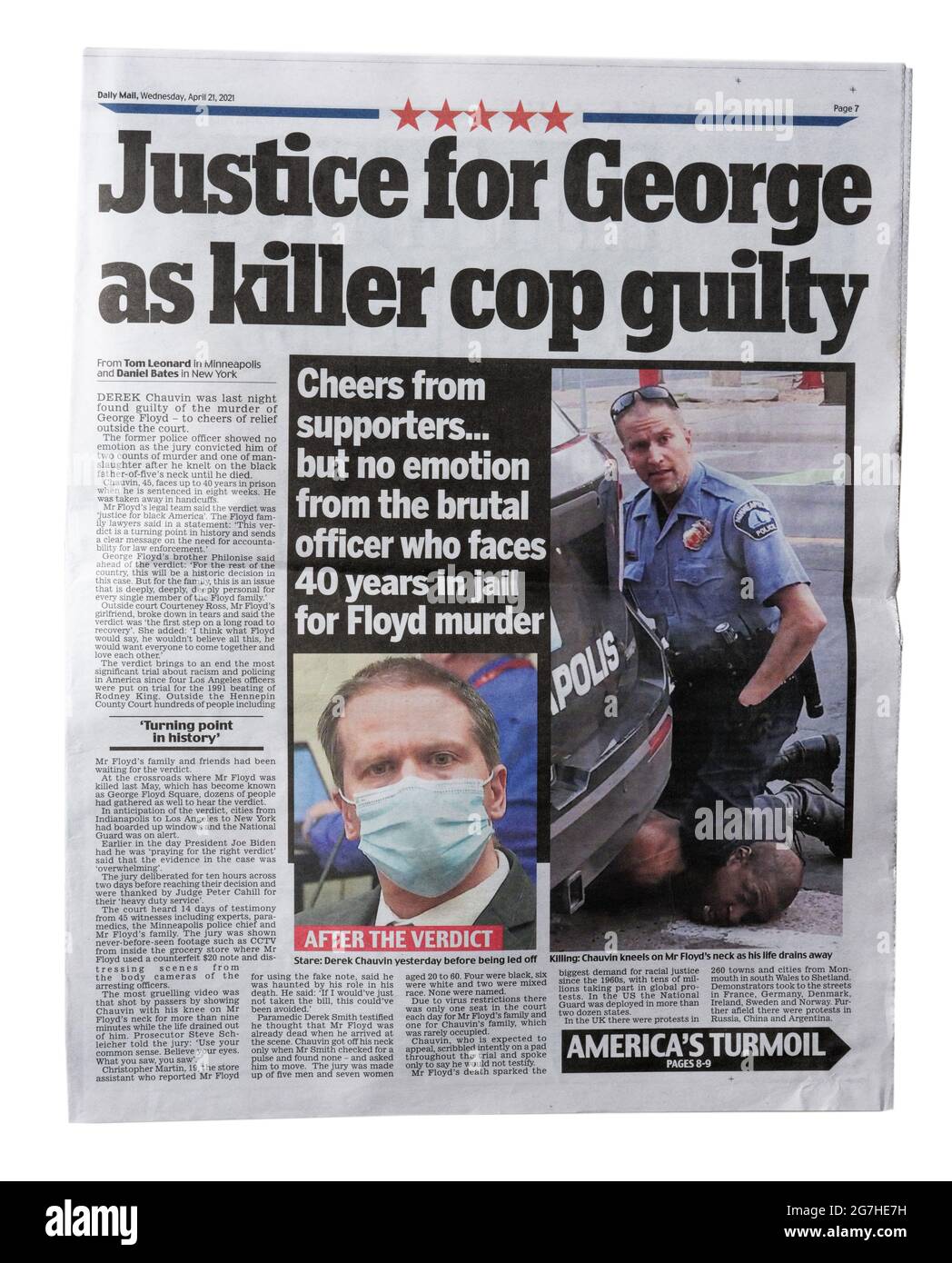 La première page du Daily Mail sur le verdict de culpabilité de Derek Chauvin dans la mort de Georhe Floyd Banque D'Images