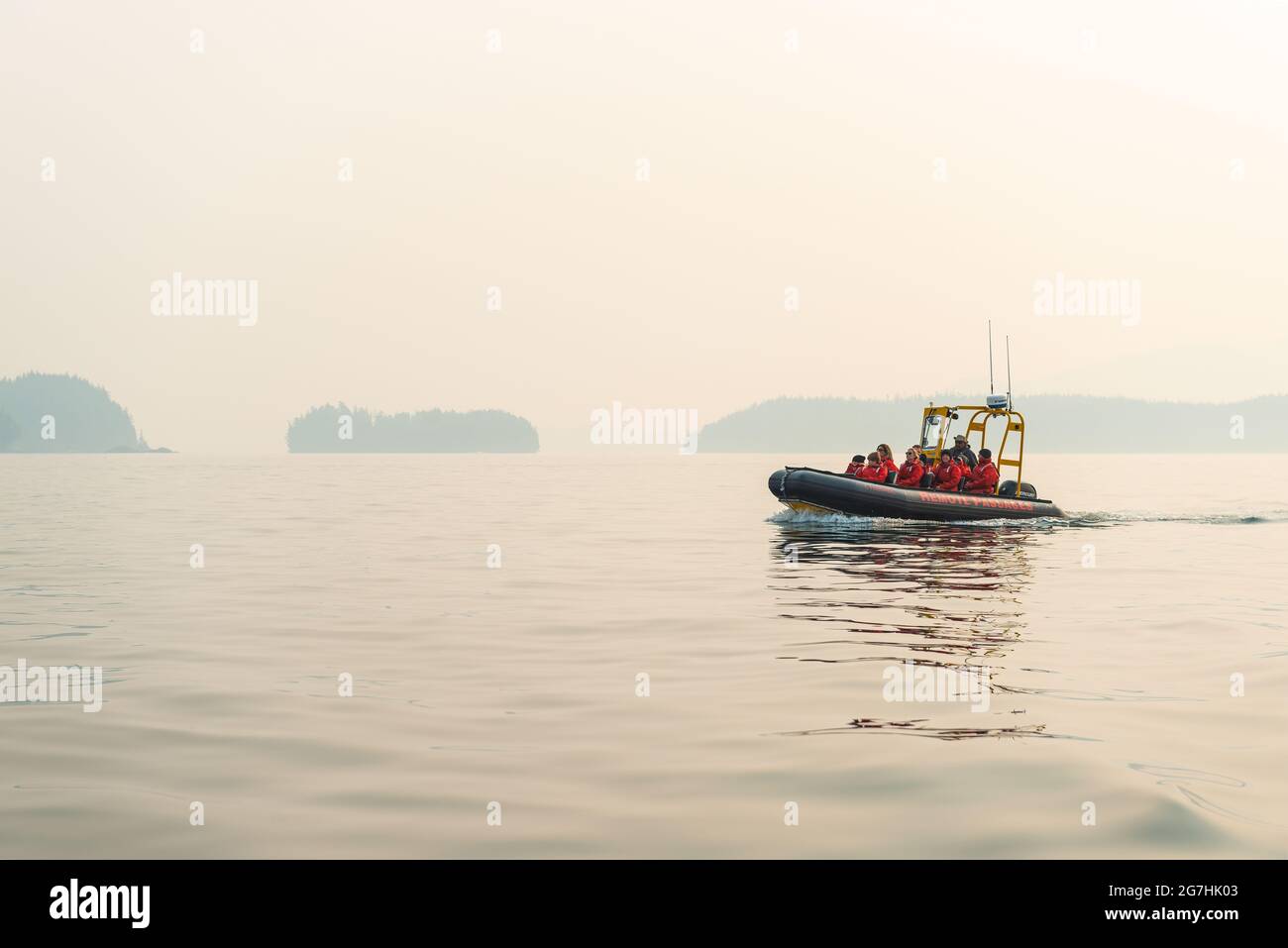 Touristes en bateau gonflable rigide lors d'une excursion d'observation des baleines à l'île de Vancouver, Telegraph Cove, Colombie-Britannique, Canada. Banque D'Images