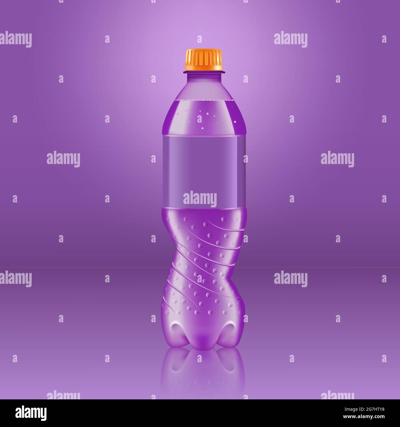 Maquette de bouteille de limonade au soda réaliste avec étiquette violette isolée sur fond violet réfléchie par le sol, illustration vectorielle. Adapté à Illustration de Vecteur