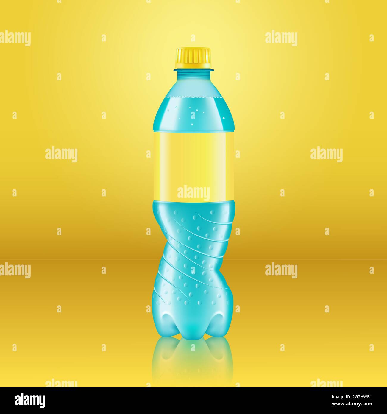 Maquette réaliste de bouteille de limonade au soda avec étiquette jaune isolée sur fond jaune réfléchie par le sol, illustration vectorielle. Adapté à Illustration de Vecteur