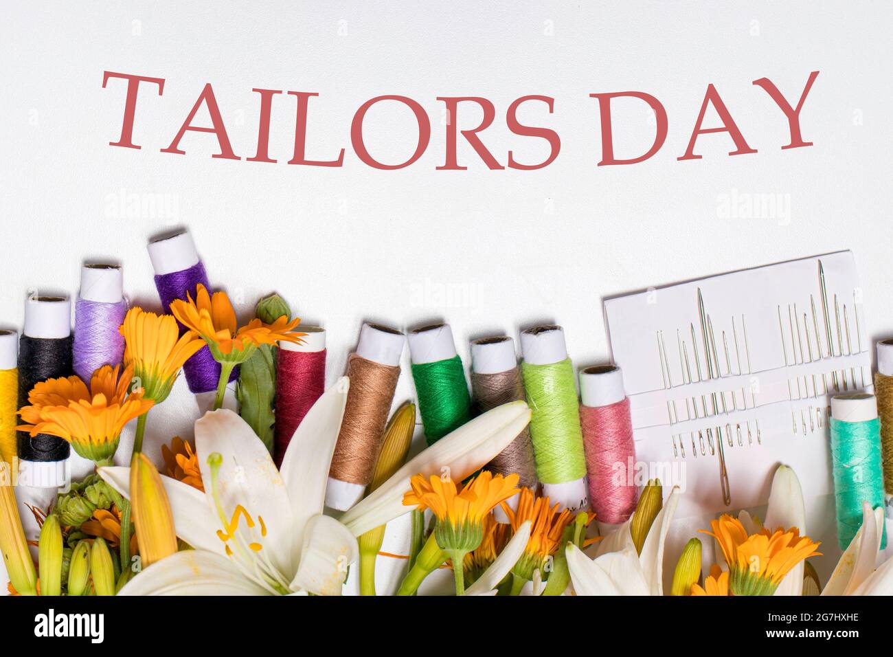 Carte de vœux avec fils multicolores et texte Tailors Day. Pour les vacances d'une couturière, tailleur, ouvrier d'atelier Banque D'Images