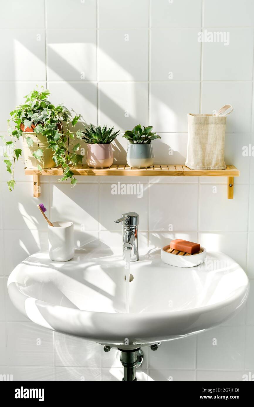 Gros plan sur un lavabo blanc dans la salle de bains de style écologique  Photo Stock - Alamy