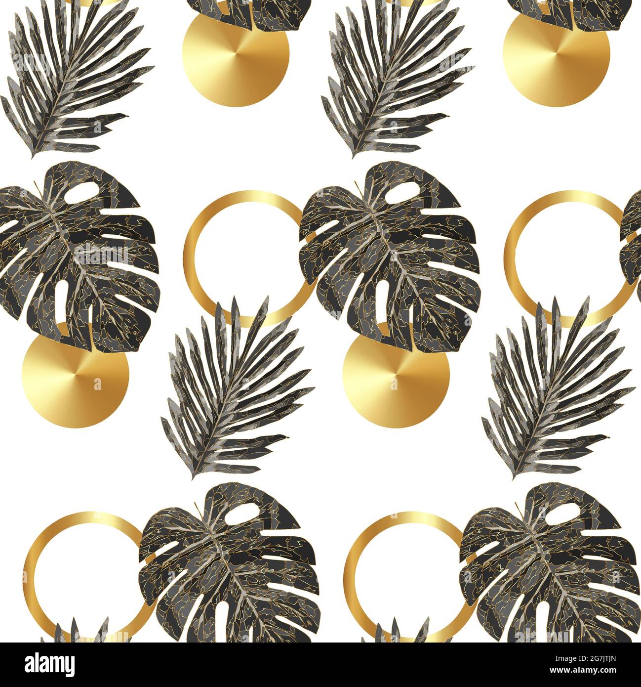 Luxueux or et noir tropical plante vector sans couture fond. Motif floral avec palmier tropical doré, feuille de monstère, plante exotique, plantes Jungle, Illustration de Vecteur