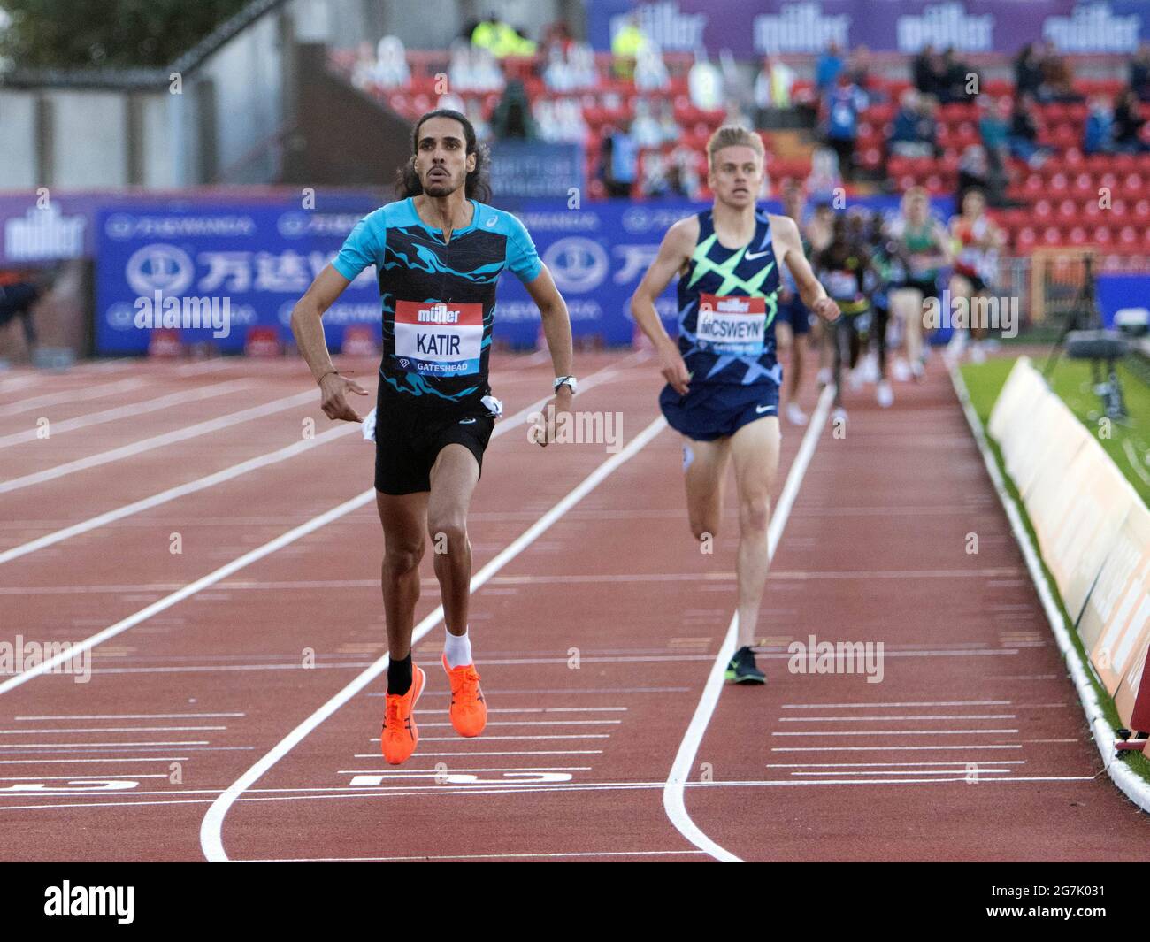 Gateshead, Royaume-Uni. 13 juillet 2021. Mohamed Katir d'Espagne franchit la ligne d'arrivée de la finale masculine de 3,000 mètres, lors du Grand Prix britannique de Müller de Gateshead 2021, au Stade International de Gateshead. (Photo par Iain McGuinness/SOPA Images/Sipa USA) Credit: SIPA USA/Alay Live News Banque D'Images