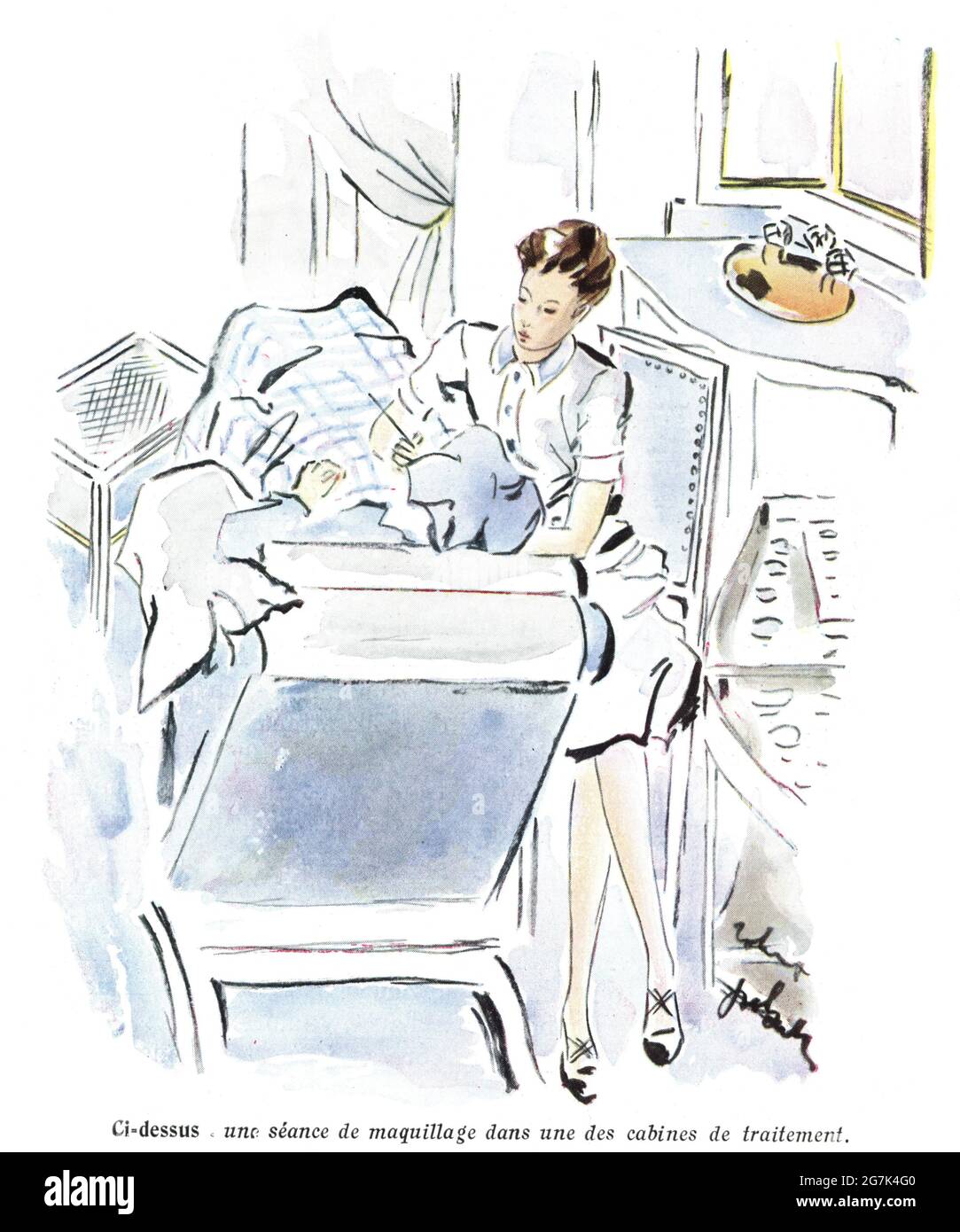 Au cabinet du dentiste, French Watercolor imprimé dans le magazine l'Illustration en 1939 Banque D'Images