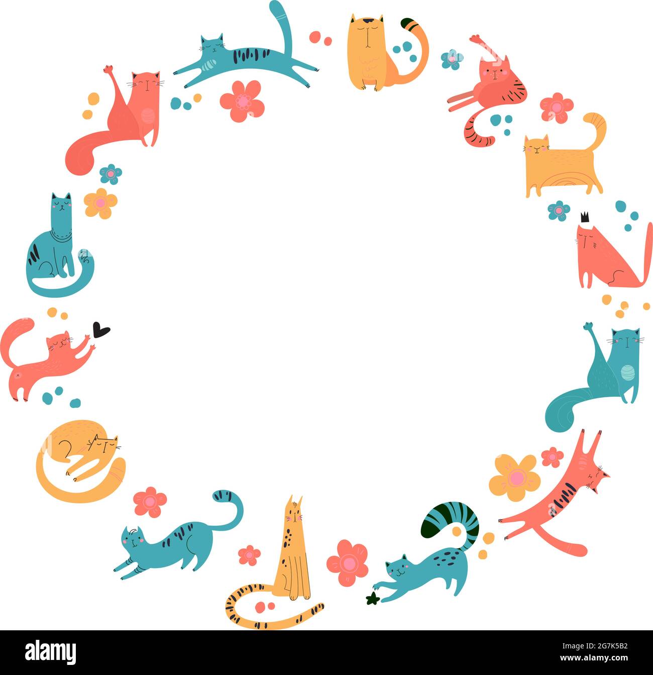 Cadre rond de chats dessinés pour l'impression, les textiles, les t-shirts, les affiches. Animaux moelleux et mignons. Cadre sur fond blanc. Les animaux de compagnie vectoriels de différentes couleurs jouent, s'assoient, marchent, dorment Illustration de Vecteur