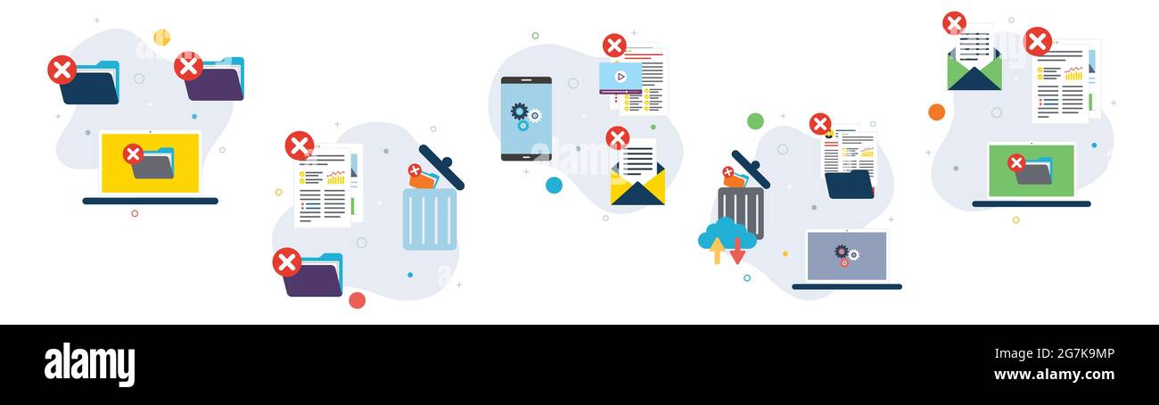 Icônes d'ordinateur, de corbeille numérique, de documents et de cloud computing. Concepts de suppression de dossier, de corbeille numérique, de destruction de données et de corbeille de cloud computing. Plat d Illustration de Vecteur