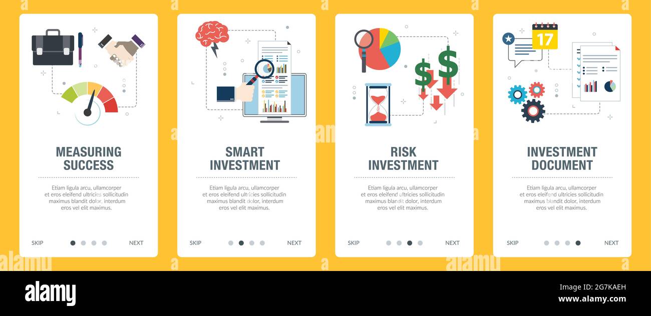 Icônes investissement, risque, performances, affaires, finances et opportunités. Concepts de mesure de la réussite, de l'investissement intelligent, de l'investissement à risque et des investisseurs Illustration de Vecteur