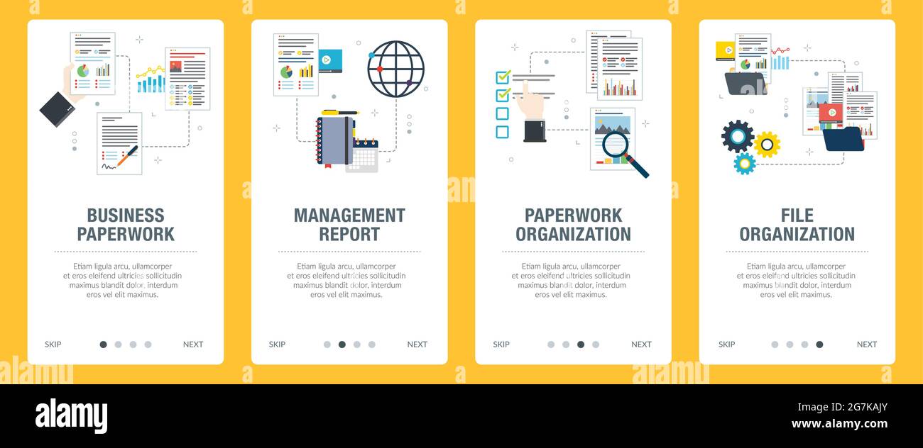 Icônes d'entreprise, de paperasserie, de gestion, de rapport et d'organisation. Concepts de la paperasserie d'affaires, rapport de gestion, organisation de la paperasserie, organe de dossier Illustration de Vecteur