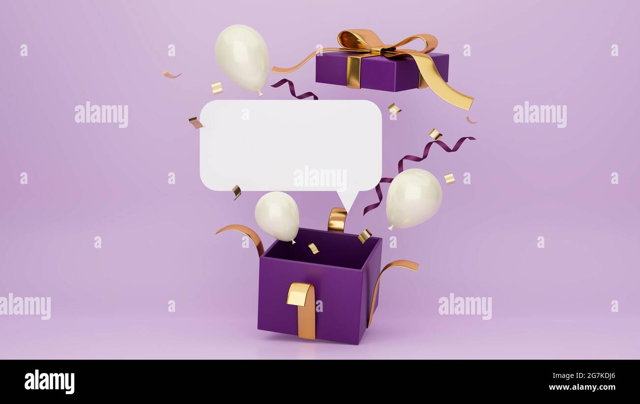 Affiche boîte cadeau surprise avec ballons, confetti et espace vide pour la  publicité textuelle en fond violet, anniversaire, méga solde, bannière de  fête Photo Stock - Alamy