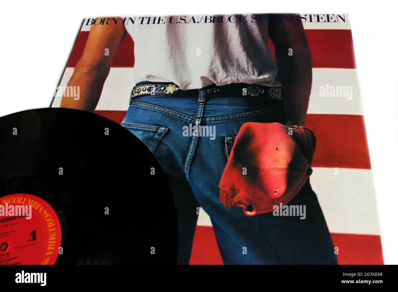 Chanteur de pop, rock et rock, Bruce Springsteen, album de musique sur disque vinyle LP. Intitulé Born in the USA Colombia label. Couverture de l'album Banque D'Images