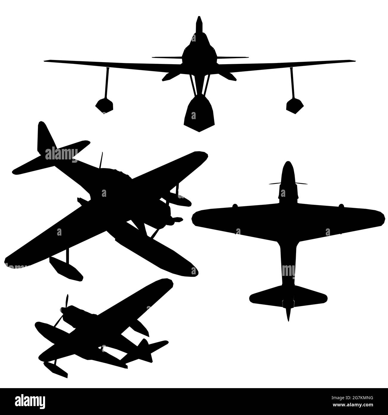 Set avec silhouettes d'un avion pour atterrir sur l'eau avec une hélice dans différentes positions isolées sur un fond blanc. Illustration vectorielle Illustration de Vecteur