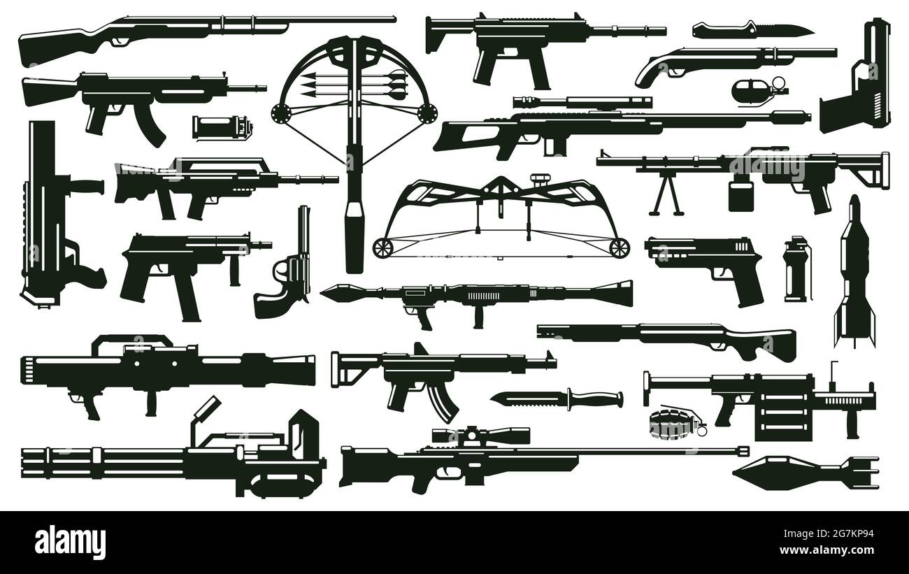 Silhouettes d'armes de guerre. Kit de pistolet automatique, lance-grenades, balles d'armes, kit d'illustrations vectorielles de fournitures d'armes à feu. Silhouettes d'armes militaires Illustration de Vecteur
