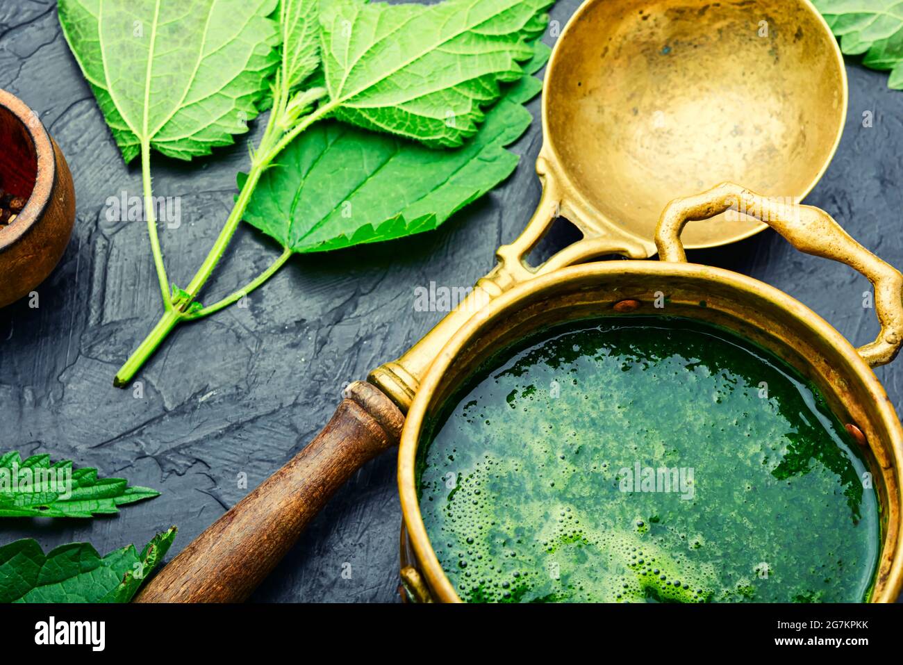 Soupe d'ortie verte d'été. Chowder aux orties fraîches. Soupe à la crème. Banque D'Images