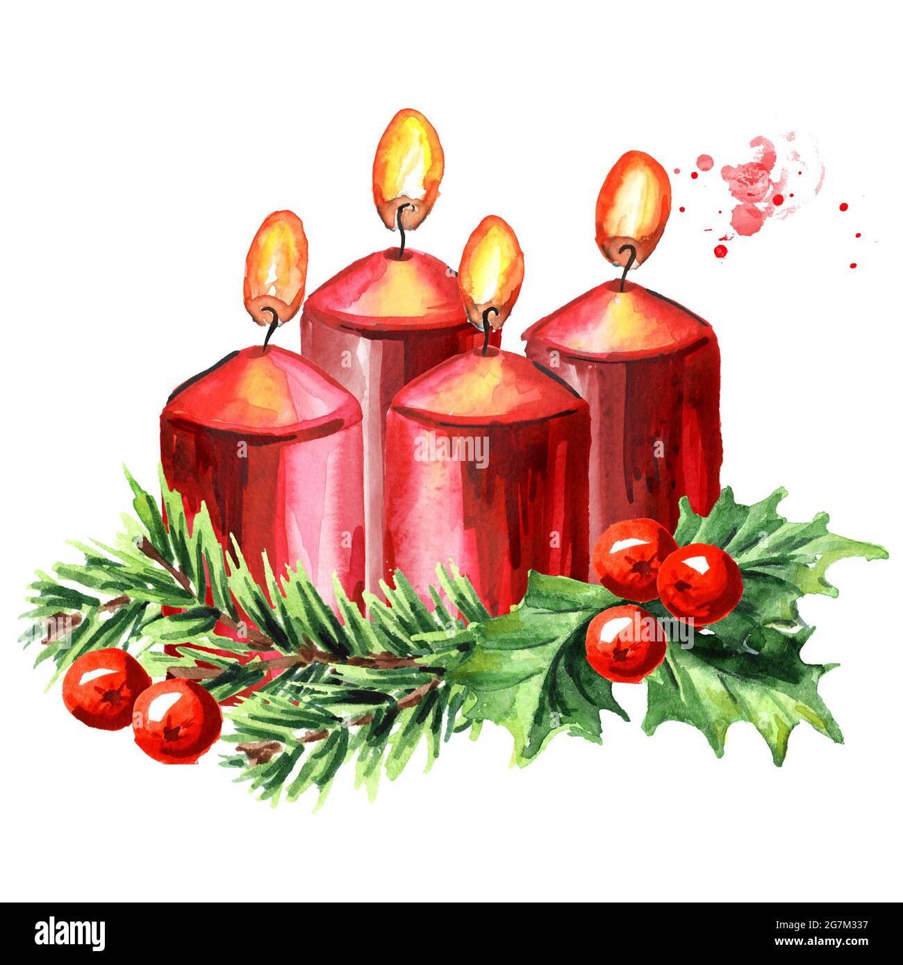 Quatre bougies de noël rouges de l'Avent. Quatrième Avent. Illustration aquarelle dessinée à la main, isolée sur fond blanc Banque D'Images