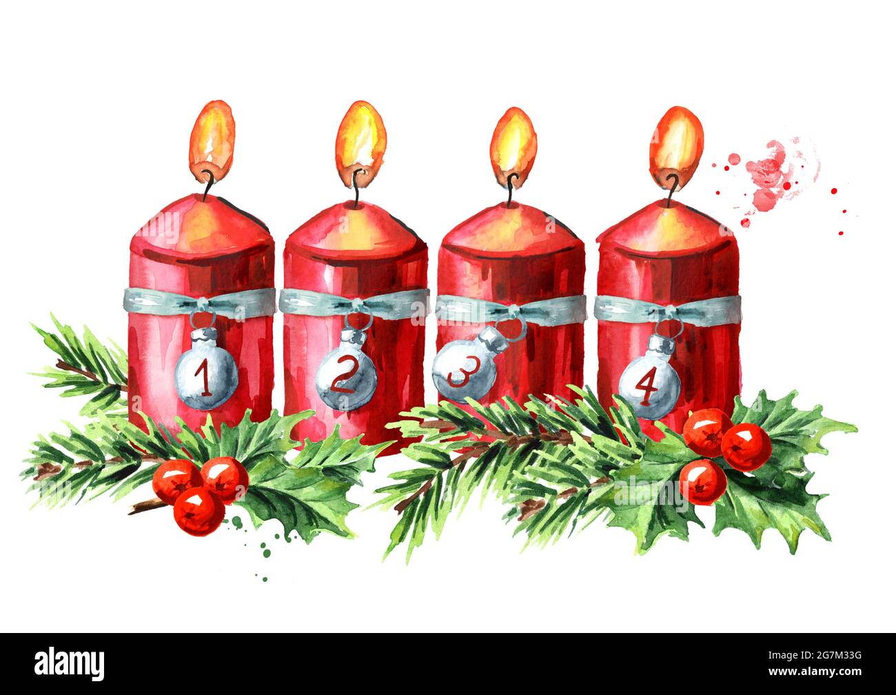 Quatre bougies de noël rouges de l'Avent, quatrième Avent. Aquarelle illustration dessinée à la main isolée sur fond blanc Banque D'Images