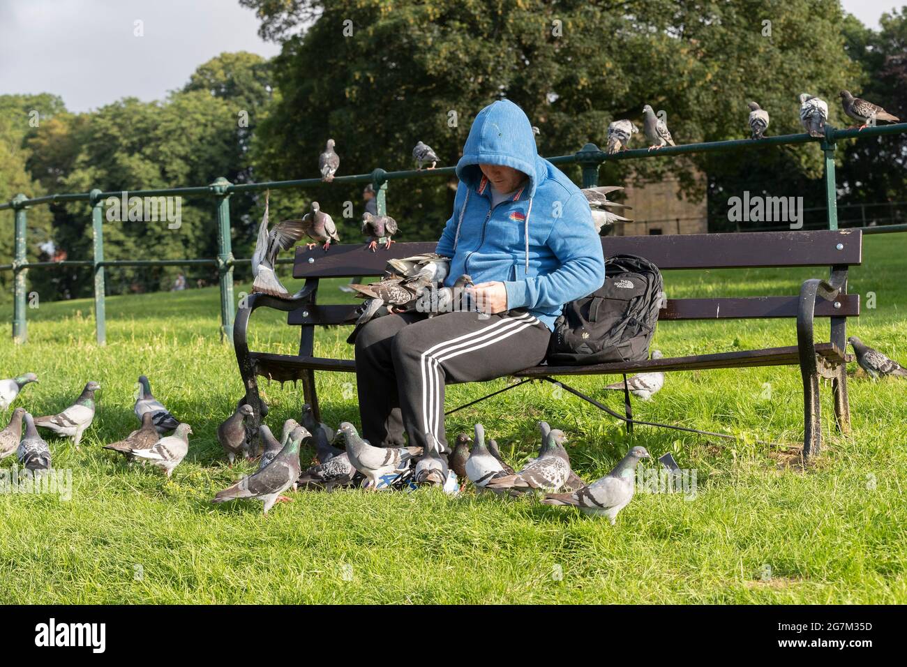 Northampton, Royaume-Uni. 15 juillet 2021. Gary Stone un lad local nourrissant les pigeons de report à Abington Park. Crédit : Keith J Smith./Alamy Live News Banque D'Images